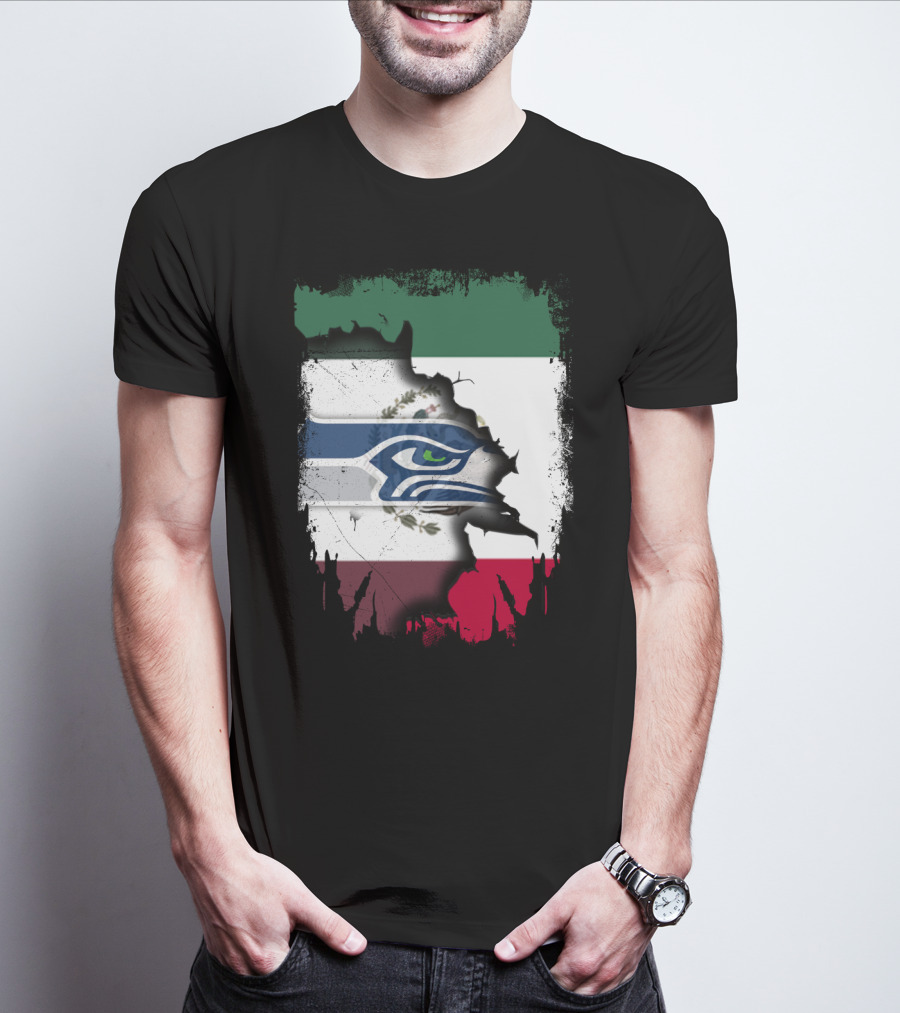 Mexico And Seahawks United With Flag And Logo Overlay T-Shirt