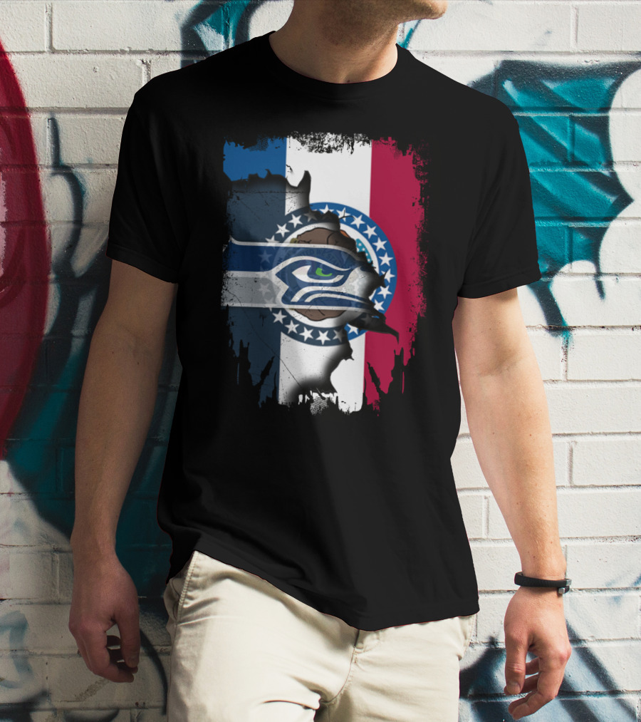Missouri Flag With Seahawks Logo Fusion T-Shirt