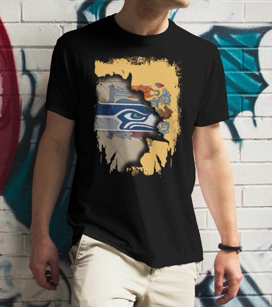 New Jersey State Crest Blending With Seahawks T-Shirt