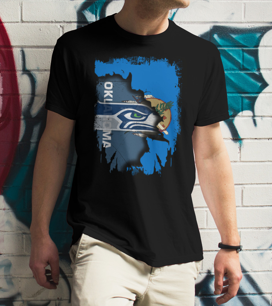 Oklahoma Flag With Seattle Seahawks Logo Fusion T-Shirt