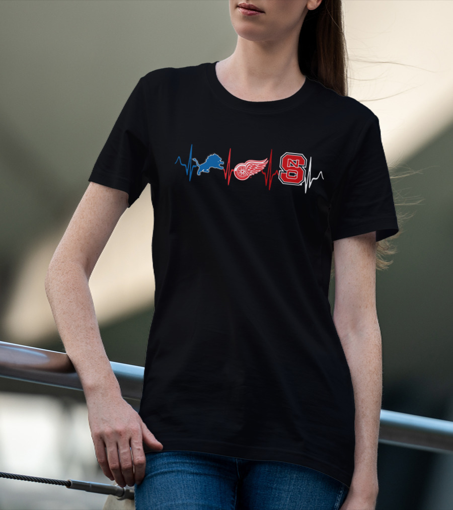 Detroit Lions Red Wings Nc State Logo Heartbeat T-Shirt