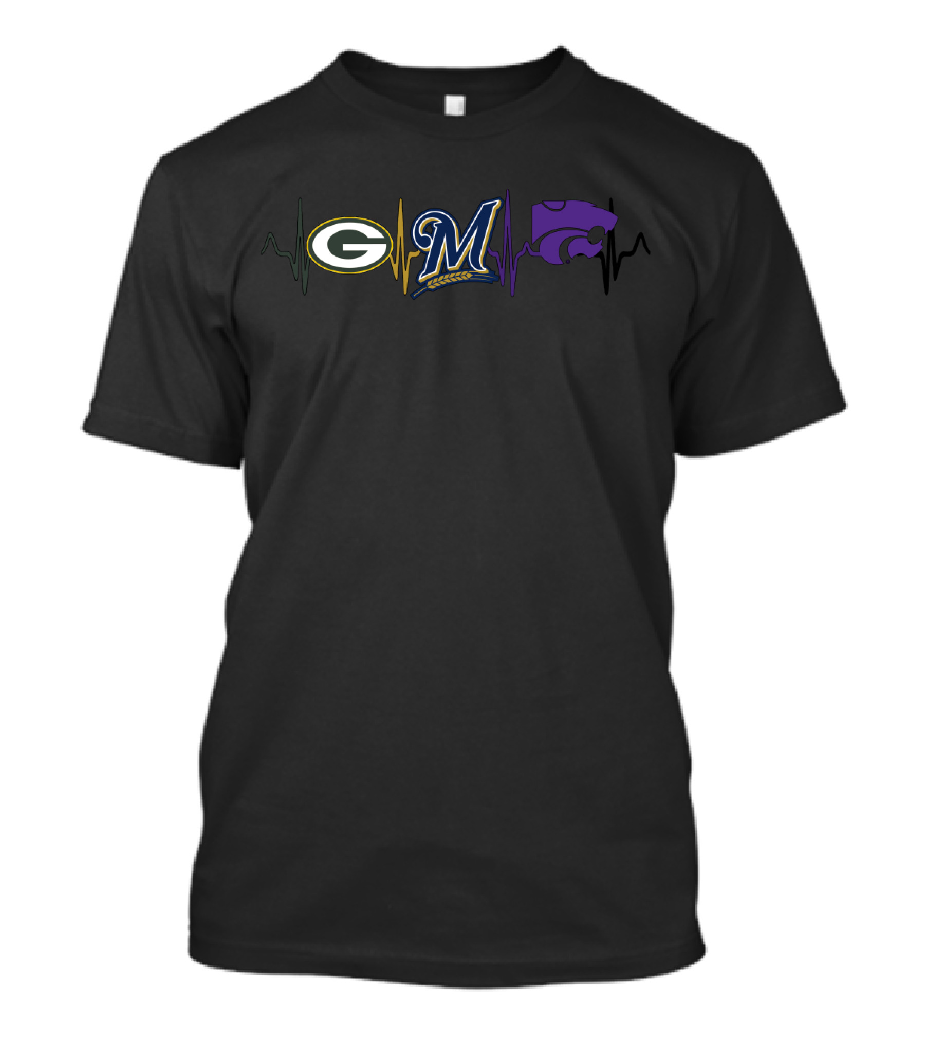 Green Bay Packers Milwaukee Brewers Kansas State Wildcats Fan Heartbeat T-Shirt