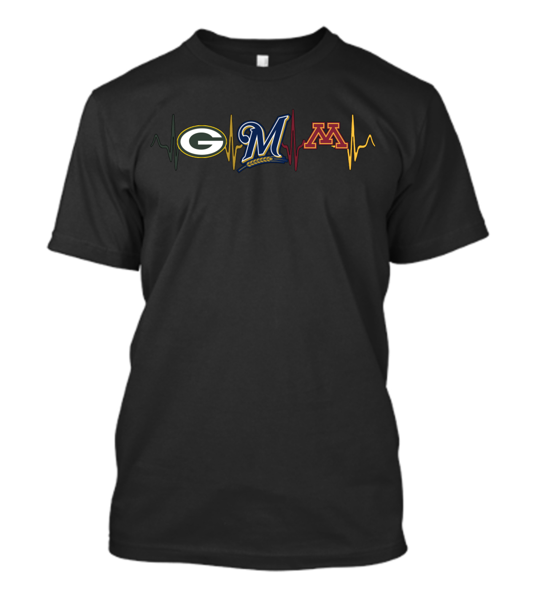 Love Packers Brewers Minnesota Gophers Heartbeat Logos T-Shirt