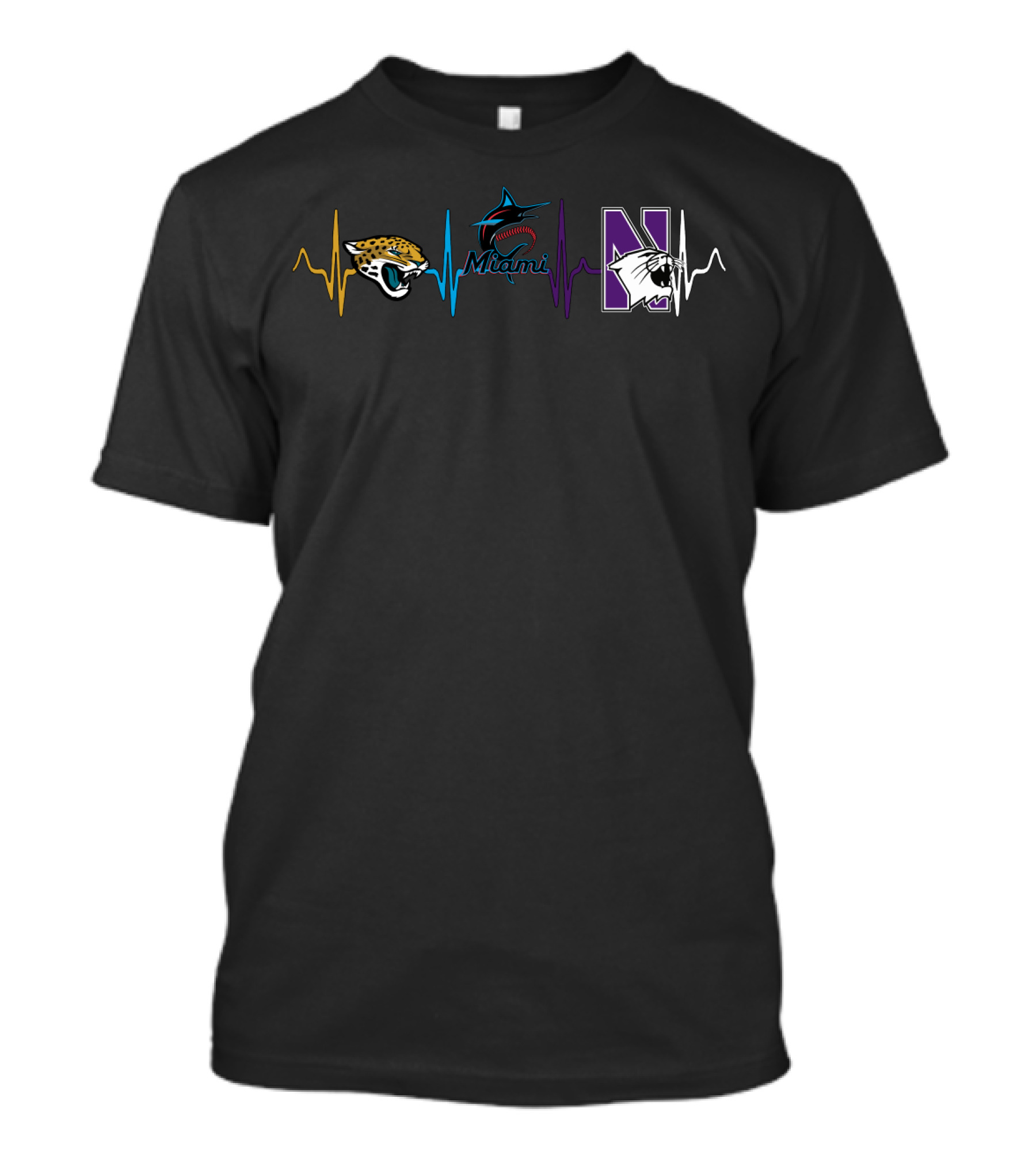 Love Jaguars Miami Marlins Northwestern Wildcats Heartbeat T-Shirt