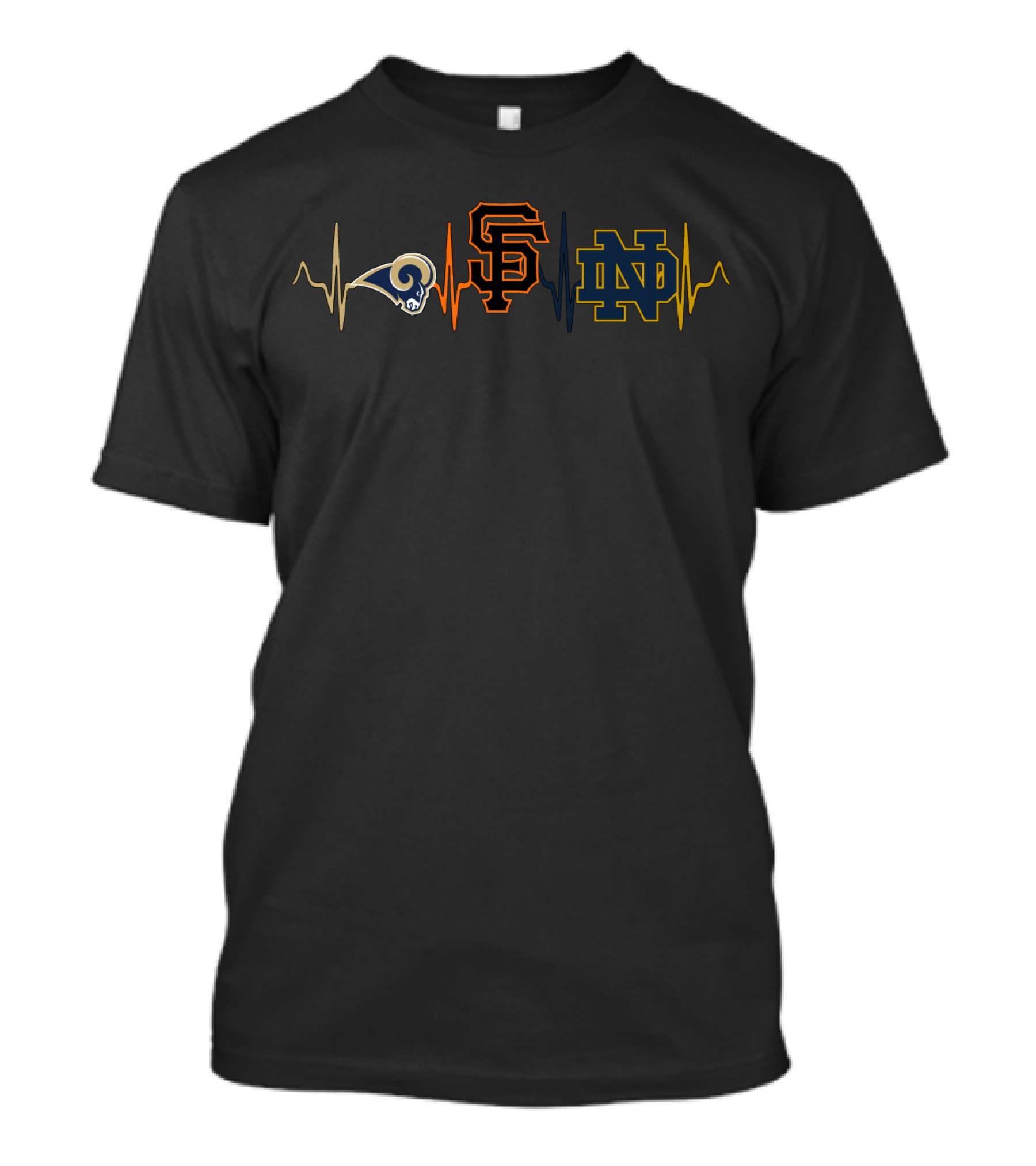 Rams Love With Giants And Notre Dame Fighting Irish Heartbeat T-Shirt