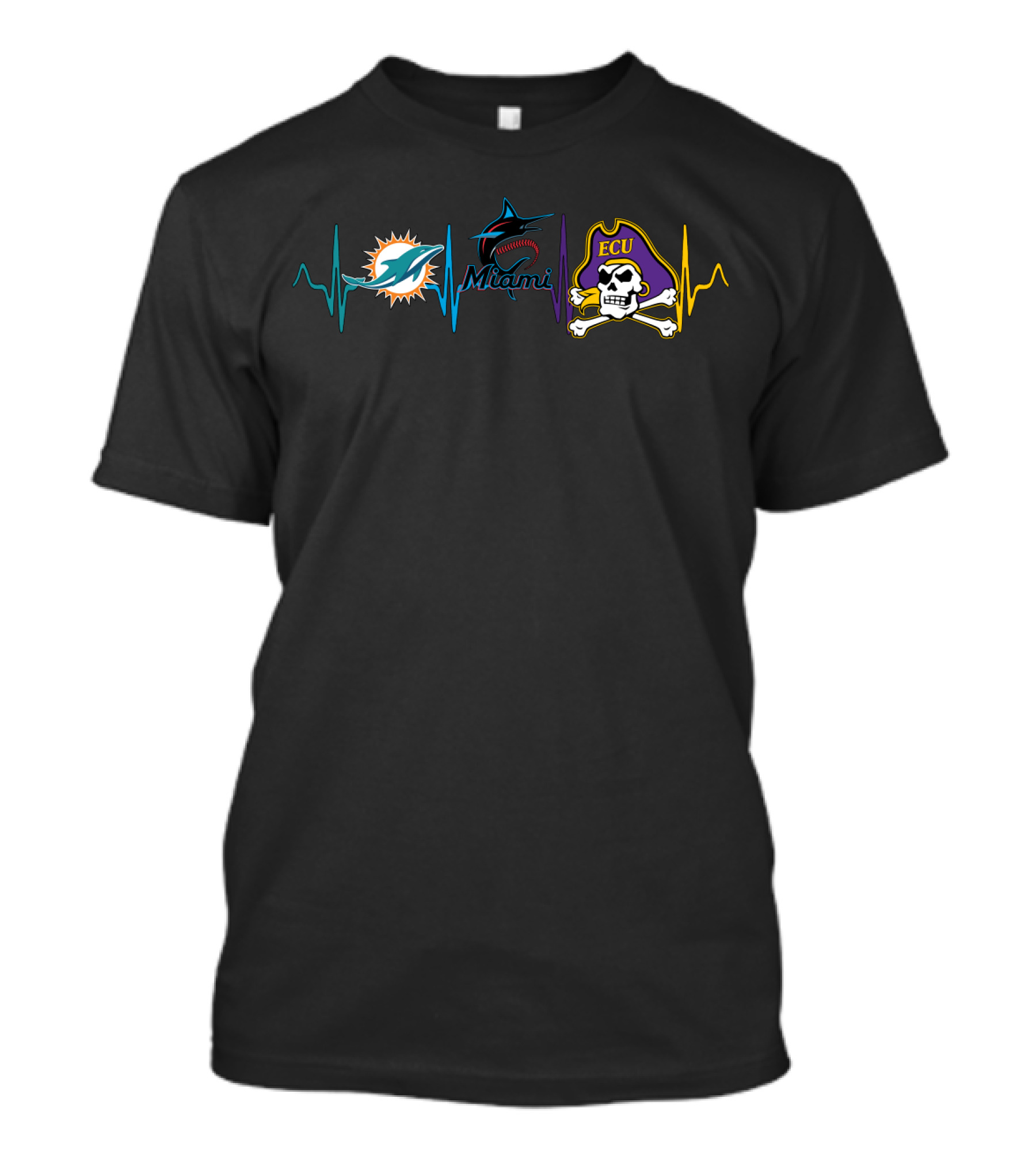 Miami Dolphins Miami Marlins Ecu Pirates Heartbeat T-Shirt