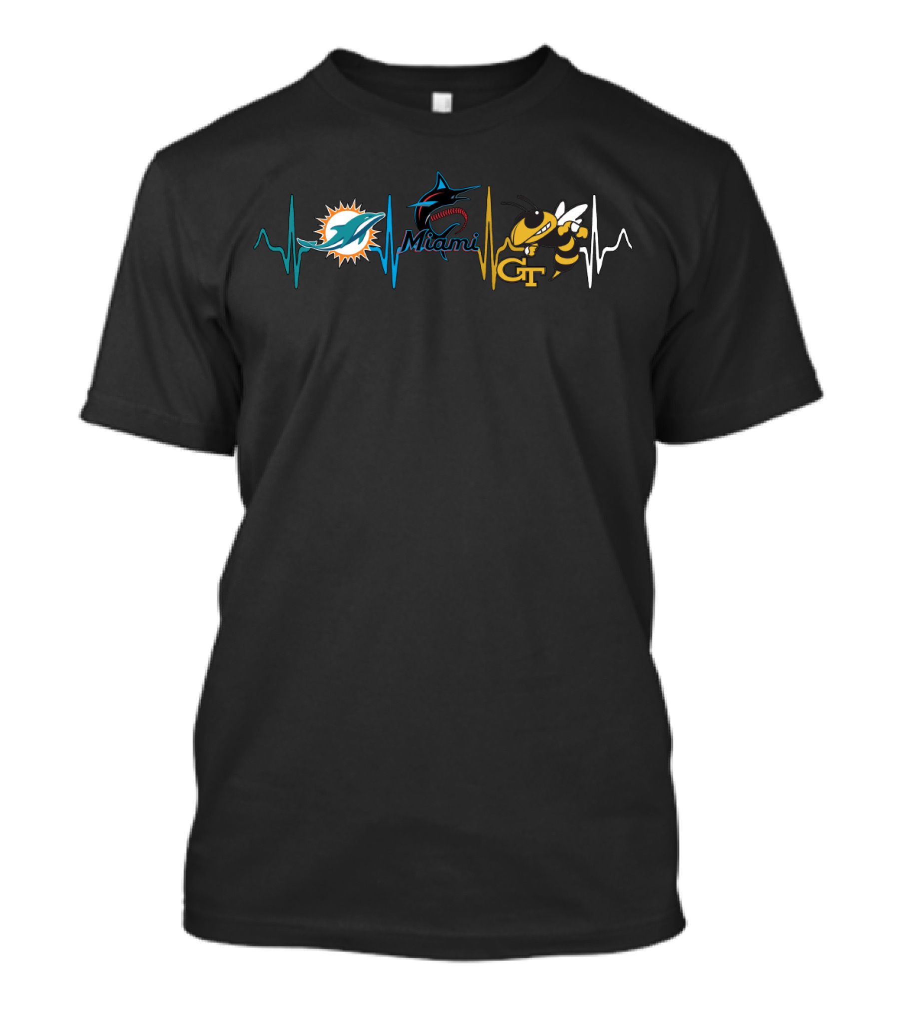 Miami Dolphins Love Miami Marlins Georgia Tech Yellow Jackets Heartbeat T-Shirt