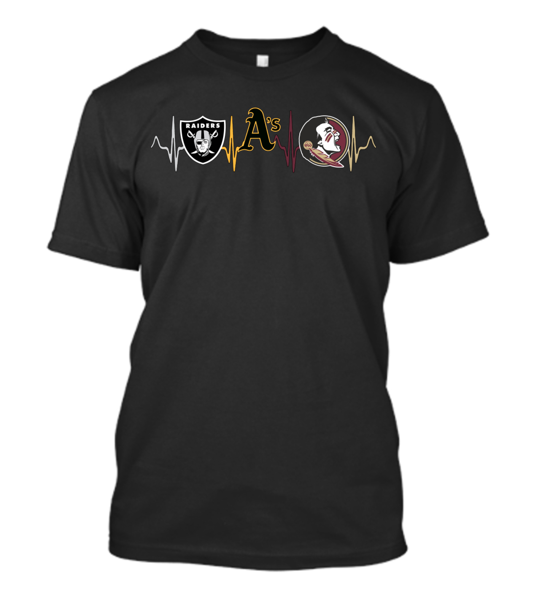Raiders A's And Florida State Seminoles Heartbeat Theme T-Shirt
