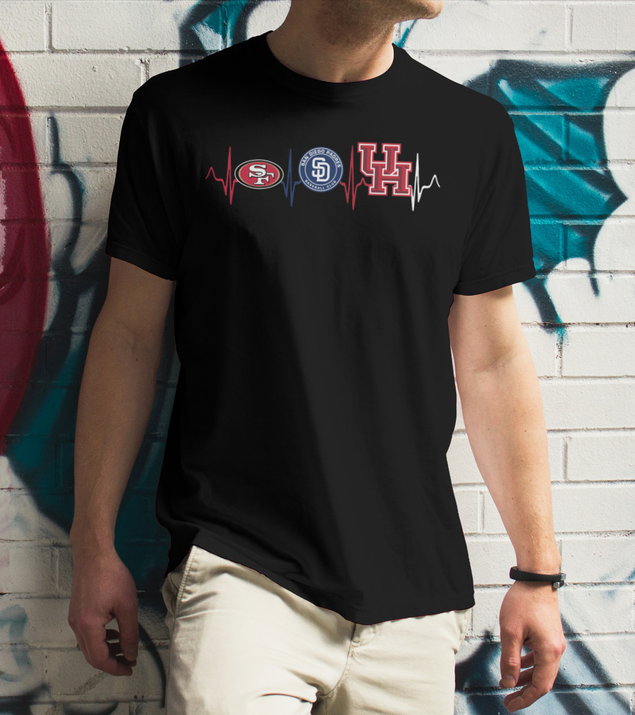 Love San Francisco 49ers San Diego Padres University Of Houston With Heartbeat Ecg T-Shirt