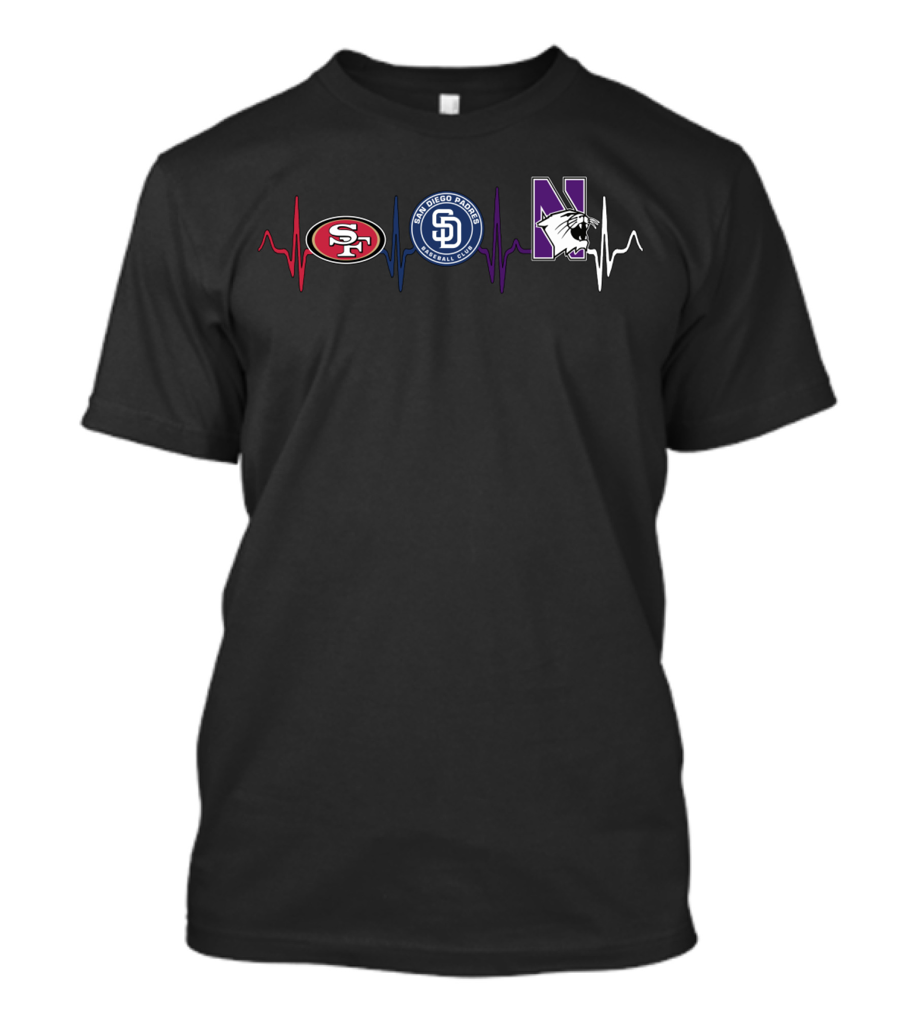 Love 49ers Padres Northwestern Wildcats Heartbeat T-Shirt