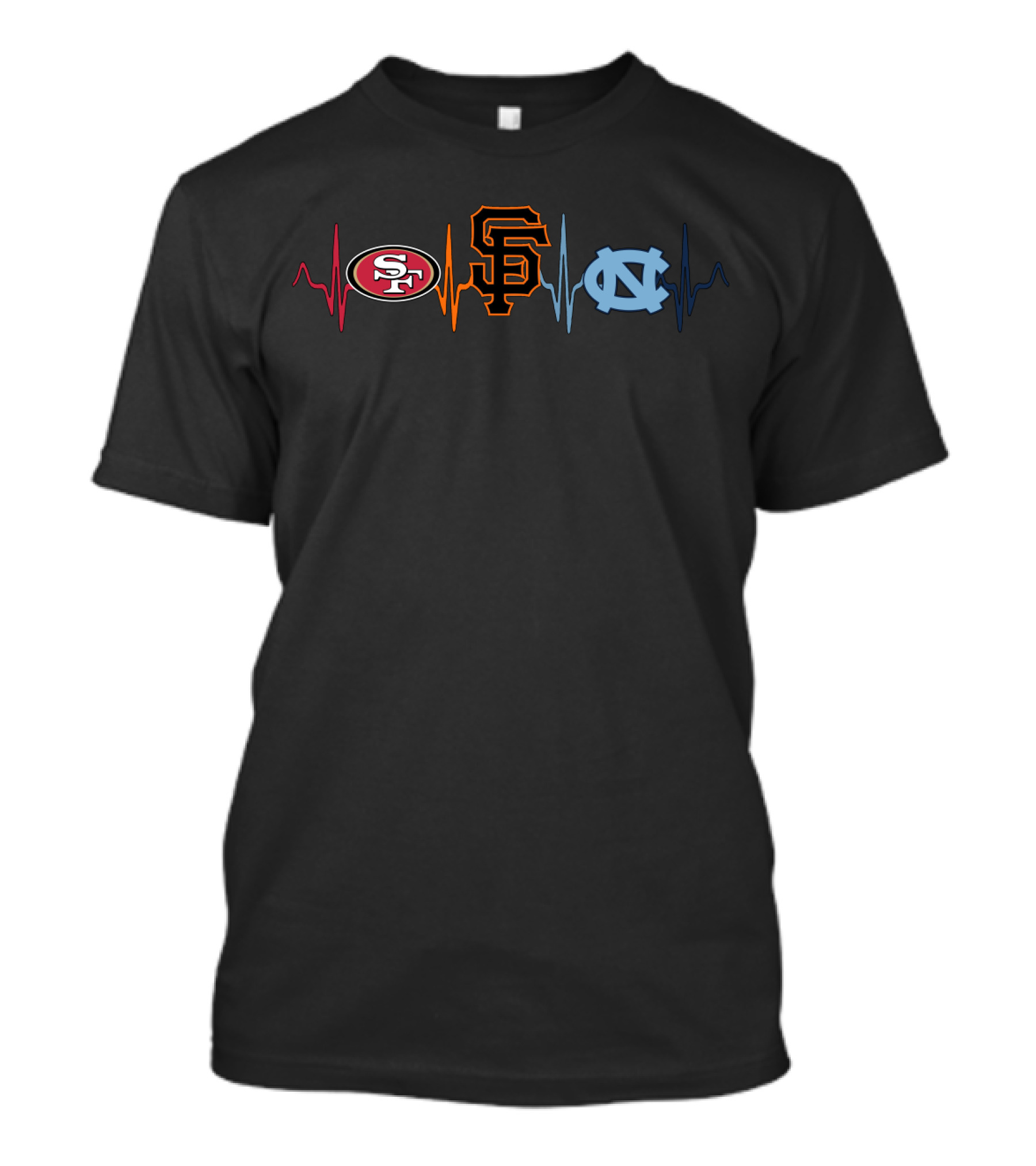 Love 49ers Giants North Carolina Tar Heels Heartbeat Icons T-Shirt