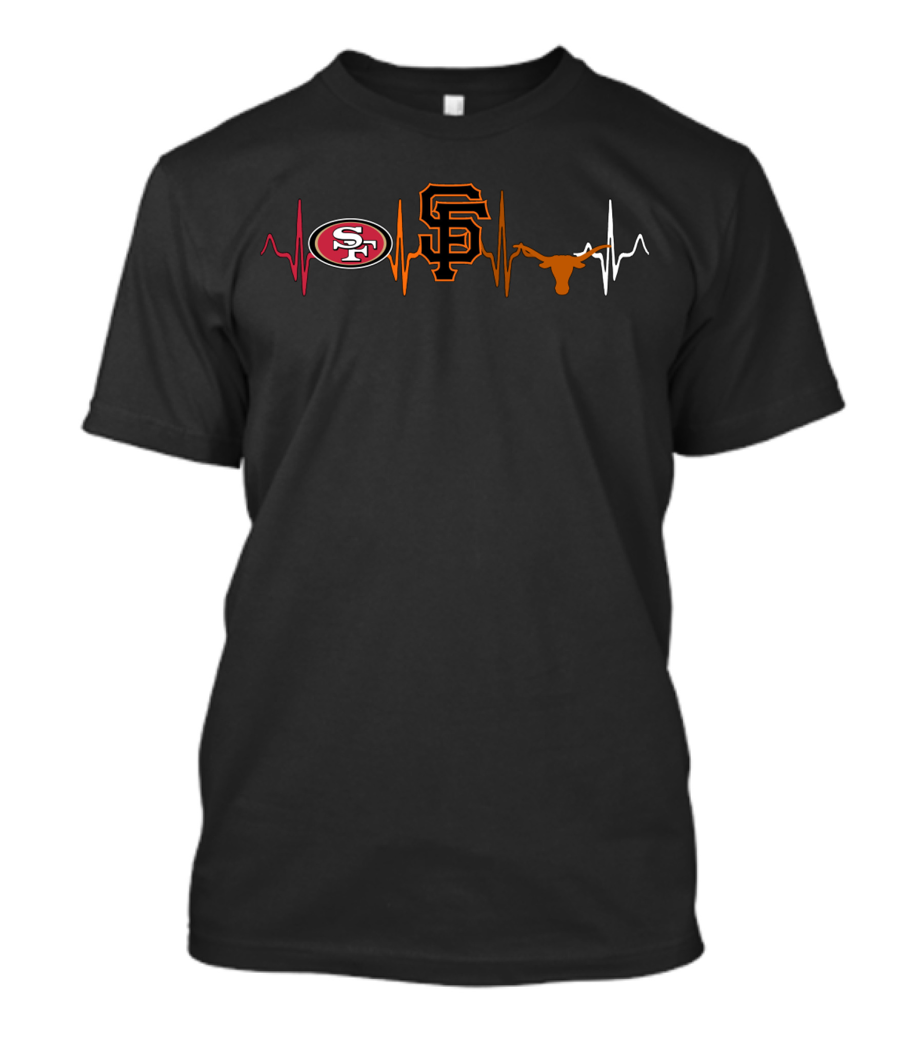 Love 49ers Giants Texas Longhorns Logos With Heartbeat Lines T-Shirt