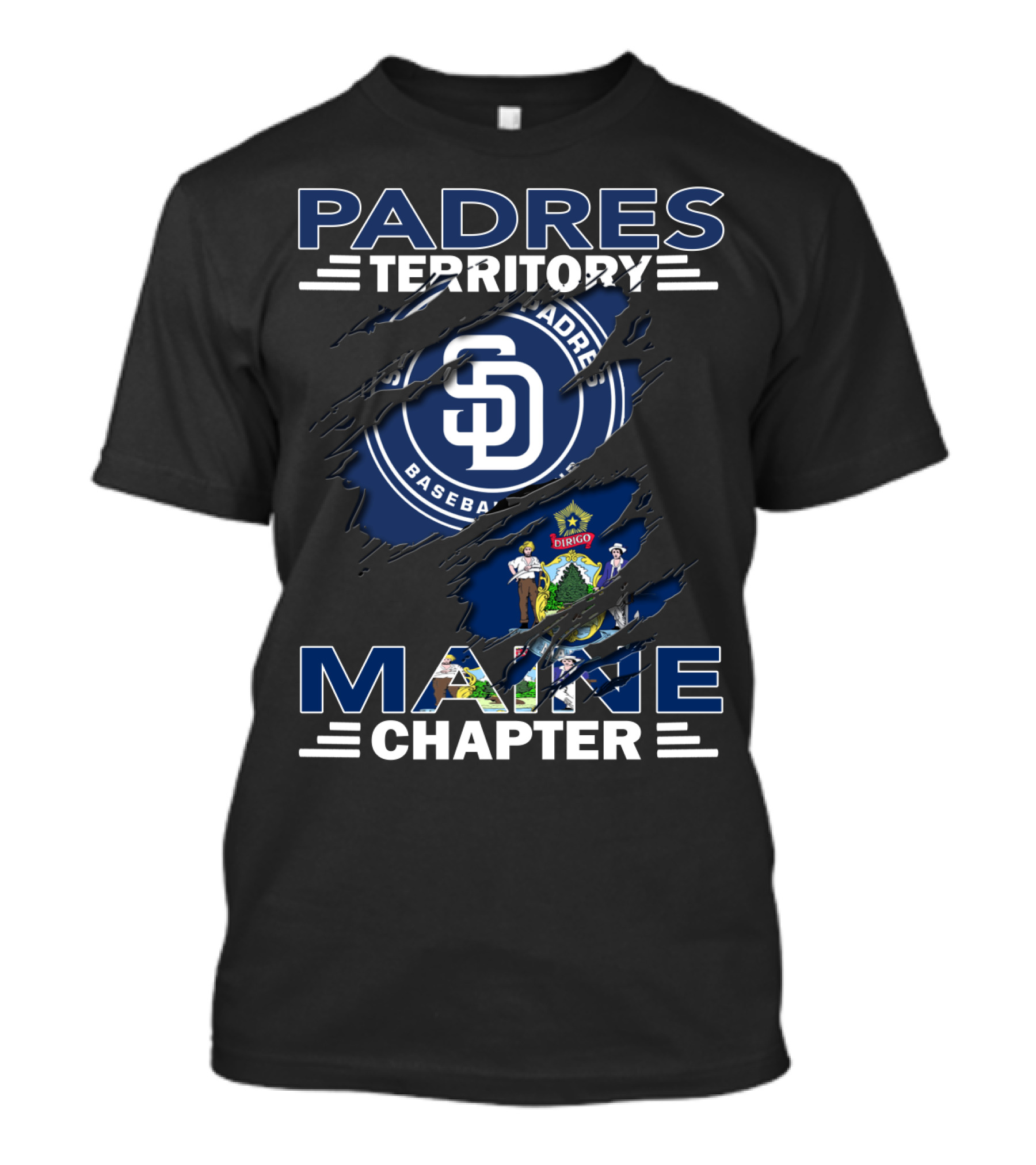 Padres Territory Maine Chapter SD Logo Baseball Maine Flag T-Shirt