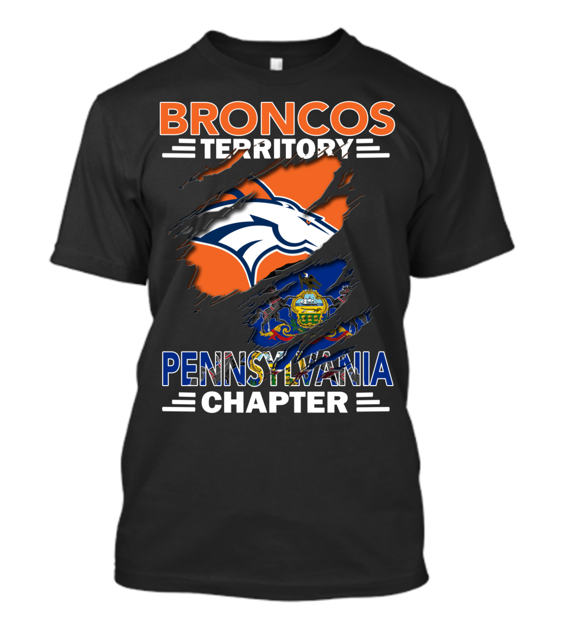 Broncos Territory Pennsylvania Chapter Ripped Design With Team Logo And State Flag T-Shirt