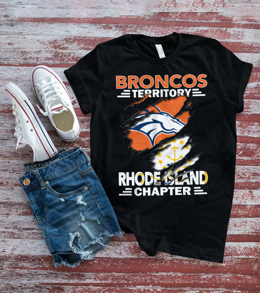 Broncos Territory Rhode Island Chapter Logo With Ripped Flag T-Shirt