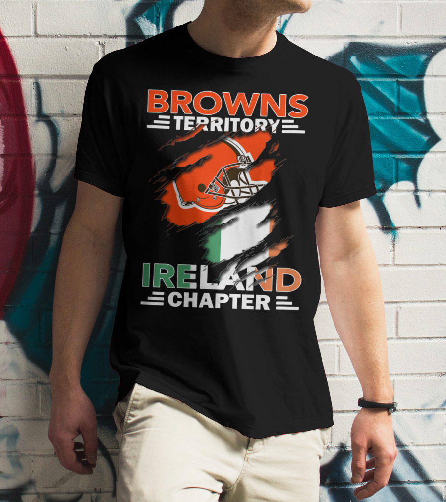 Browns Territory Ireland Chapter Helmet And Irish Flag Background T-Shirt
