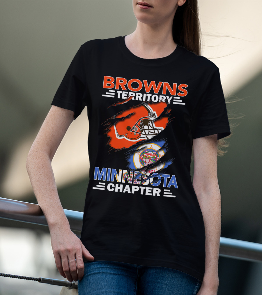 Browns Territory Minnesota Chapter Football Helmet And State Emblem Orange Black Blue Bar Logo Team Flag T-Shirt