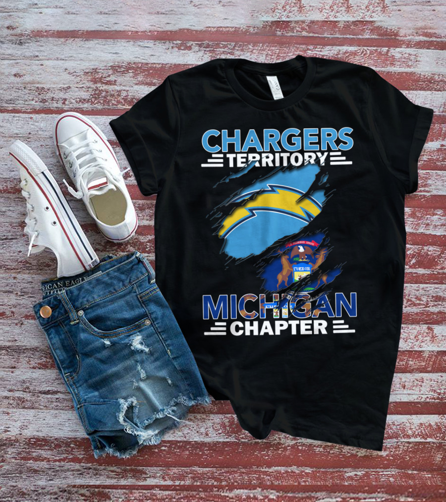 Chargers Territory Michigan Chapter Logo With Michigan State Flag And Lightning Bolt T-Shirt