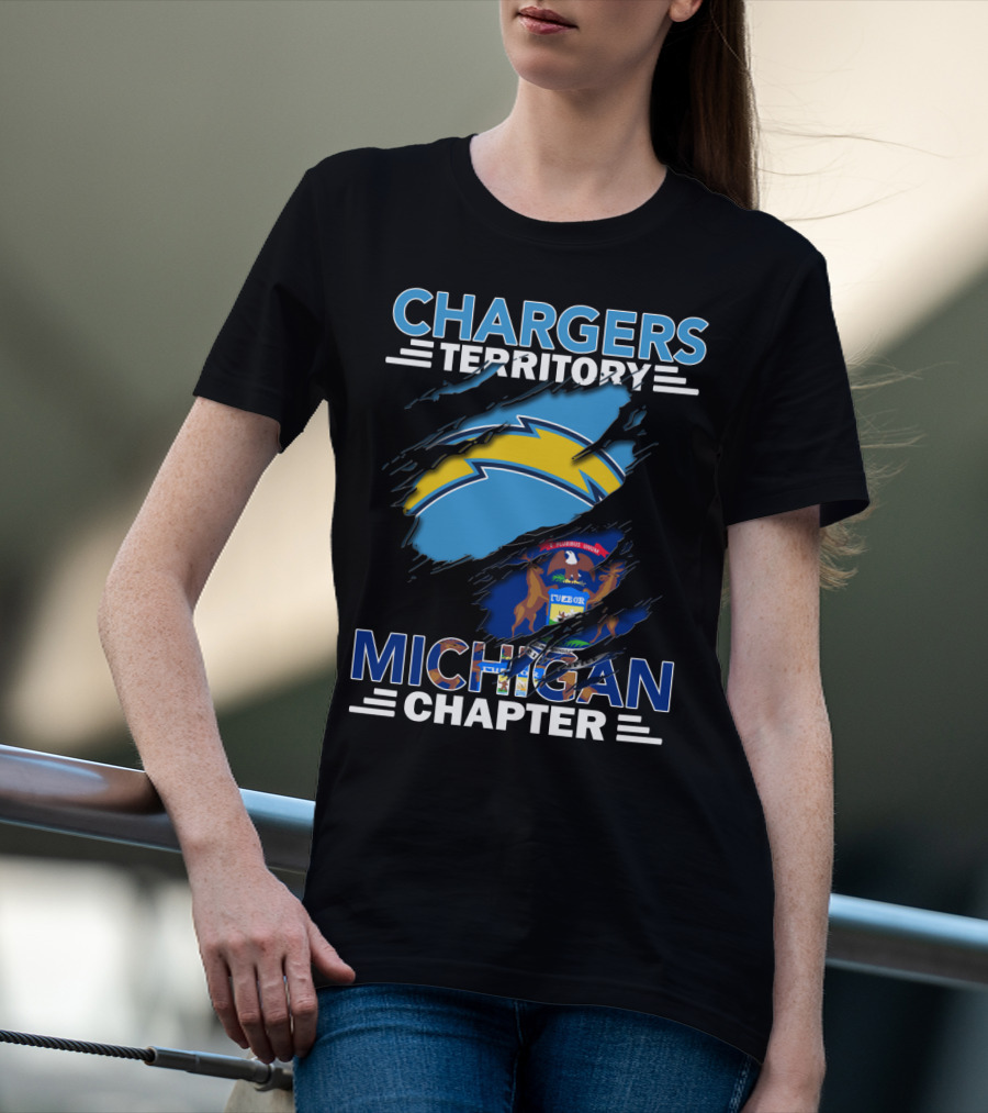 Chargers Territory Michigan Chapter Logo With Michigan State Flag And Lightning Bolt T-Shirt