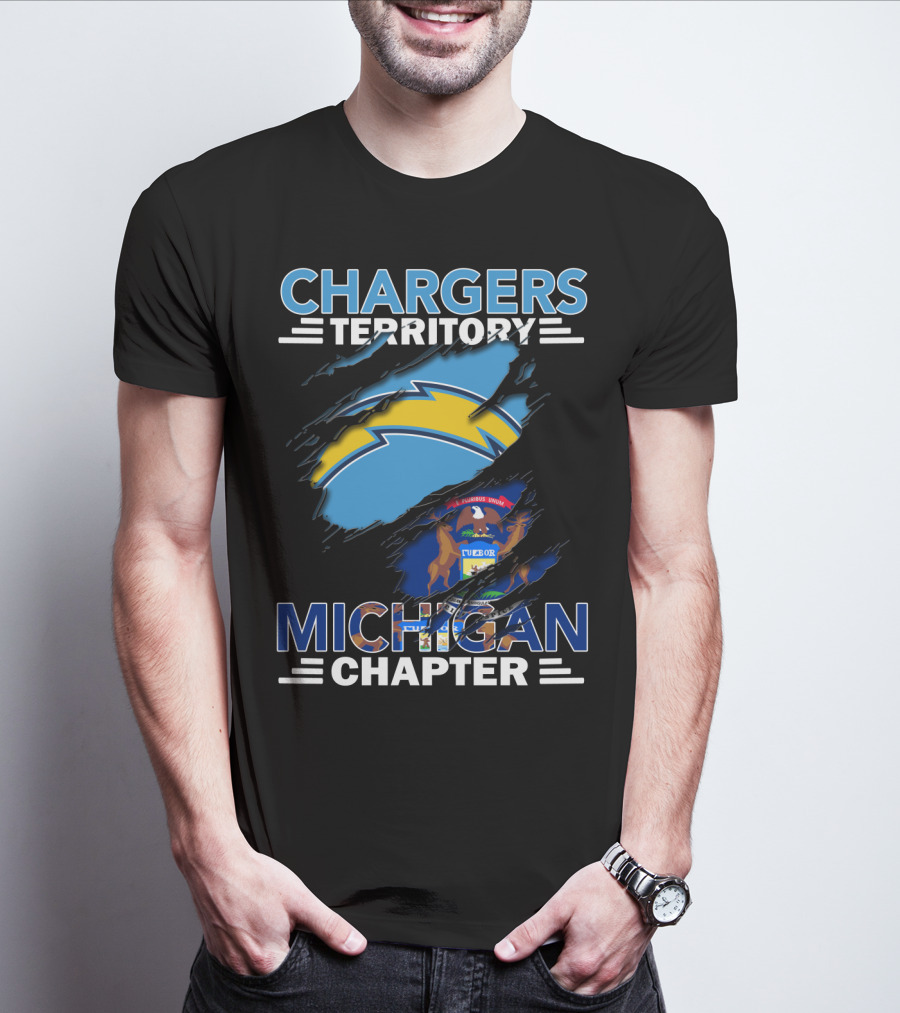 Chargers Territory Michigan Chapter Logo With Michigan State Flag And Lightning Bolt T-Shirt