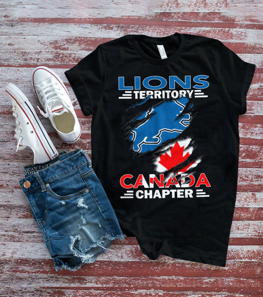 Lions Territory Canada Chapter Blue Lion Silhouette Red Maple Leaf T-Shirt