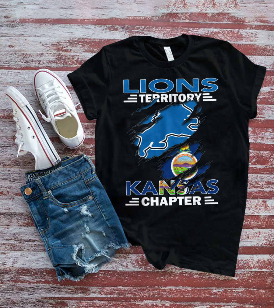 Lions Territory Kansas Chapter With Blue Lion And Kansas Seal T-Shirt