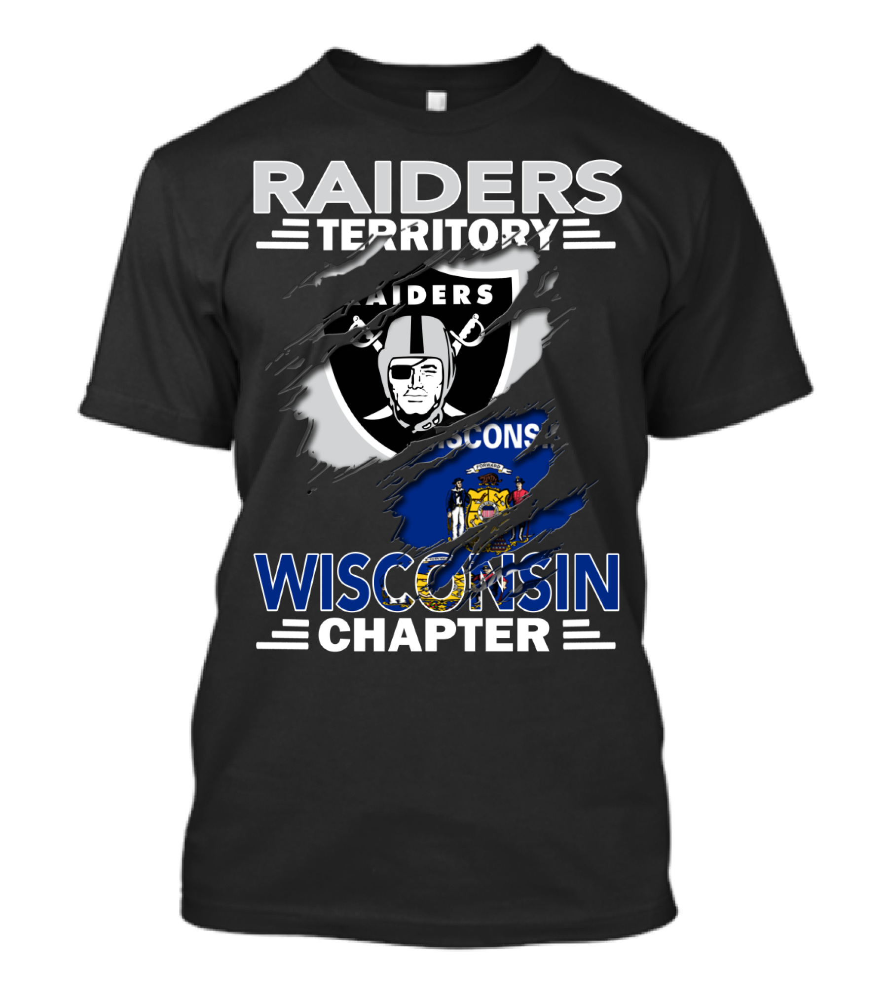Raiders Territory Wisconsin Chapter NFL Team Fan Club Logo And State Flag Tear T-Shirt