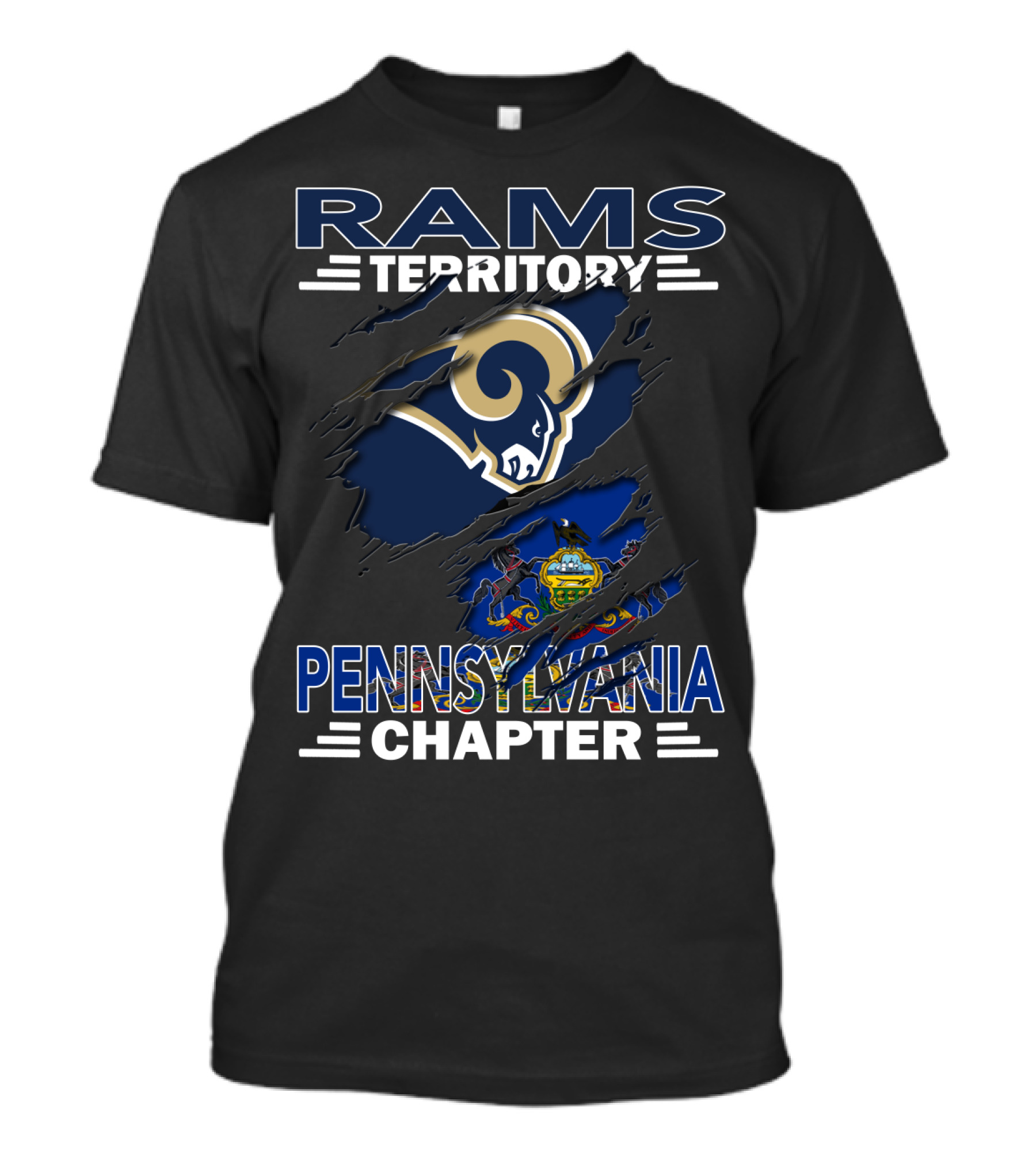Rams Territory Pennsylvania Chapter With Blue And White Ram Logo And Pennsylvania State Flag Background T-Shirt