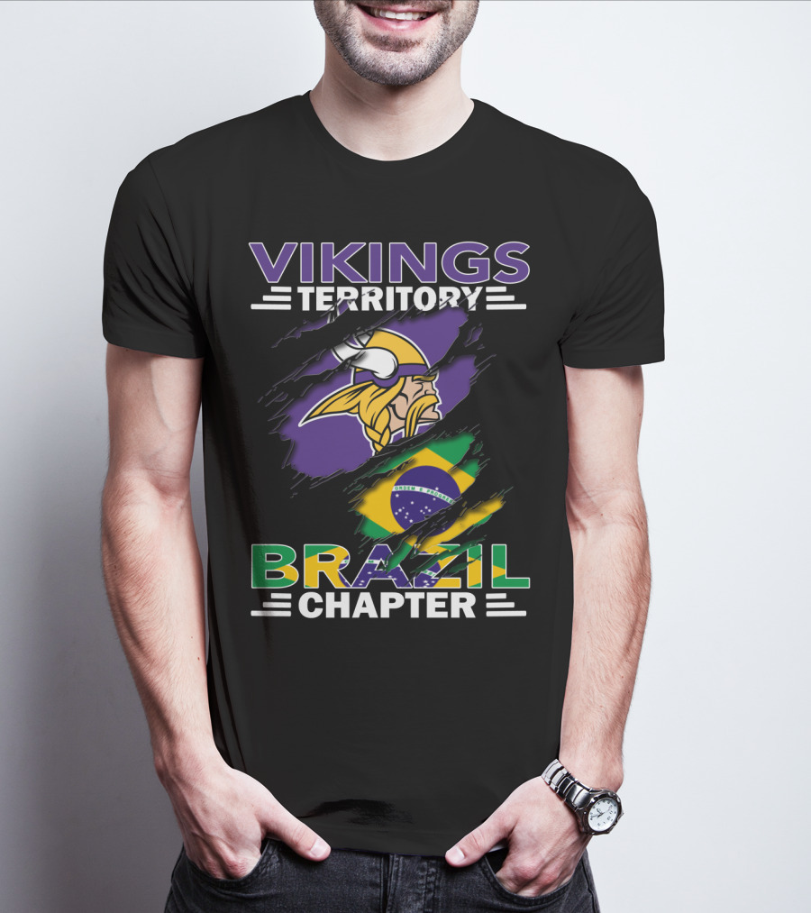 Vikings Territory Brazil Chapter Purple Gold Logo And Brazilian Flag Fusion T-Shirt