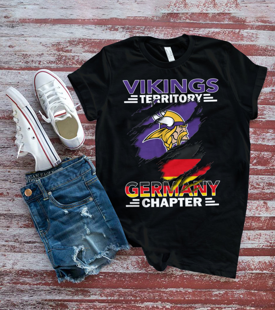 Vikings Territory Germany Chapter Purple And Gold Logo With German Flag Background T-Shirt