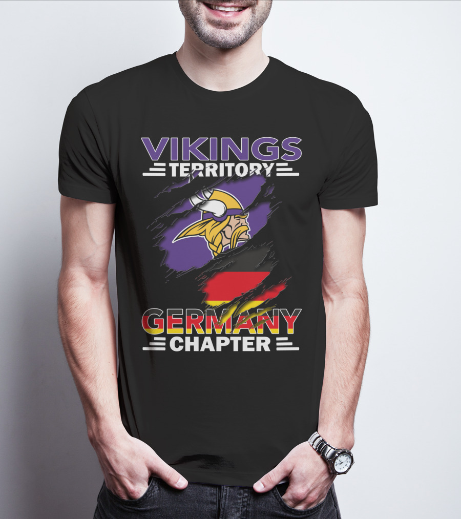 Vikings Territory Germany Chapter Purple And Gold Logo With German Flag Background T-Shirt