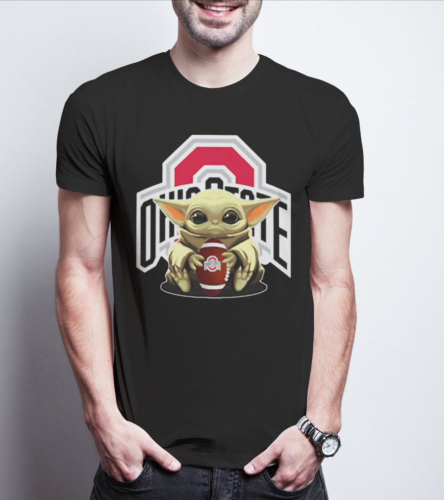 Baby Yoda Holding Ohio State Buckeyes Football T-Shirt