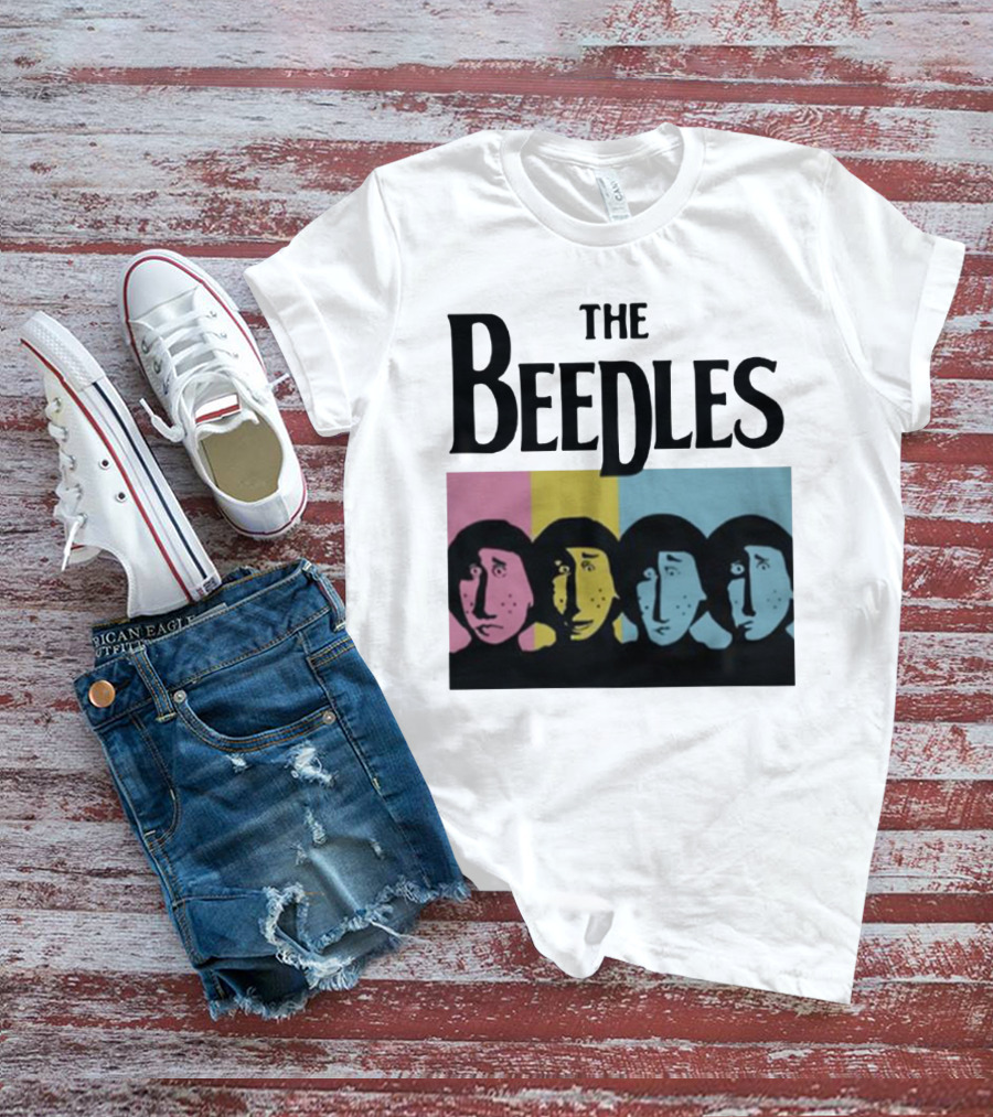 The Beedles Cartoon Pop Art Faces In Pink Yellow Blue T-Shirt