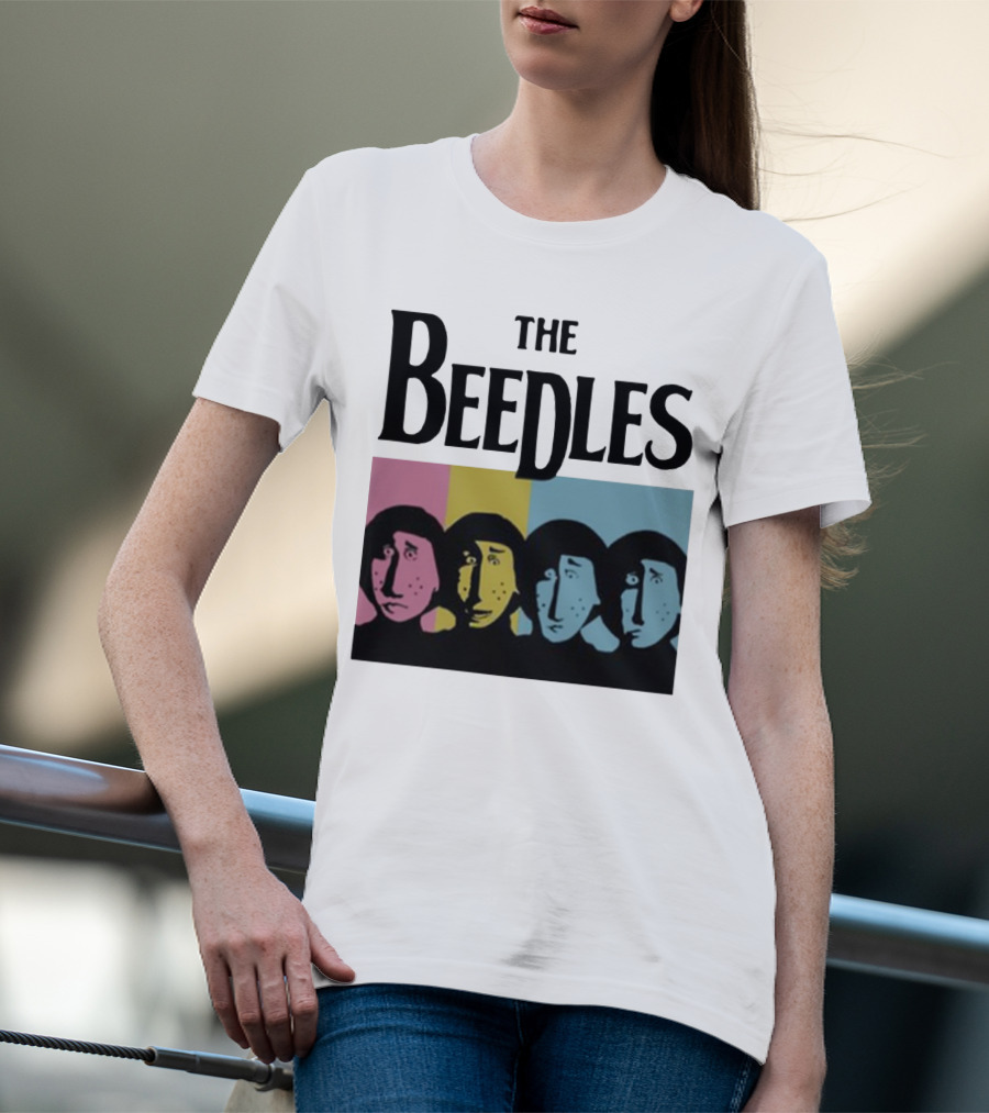 The Beedles Cartoon Pop Art Faces In Pink Yellow Blue T-Shirt