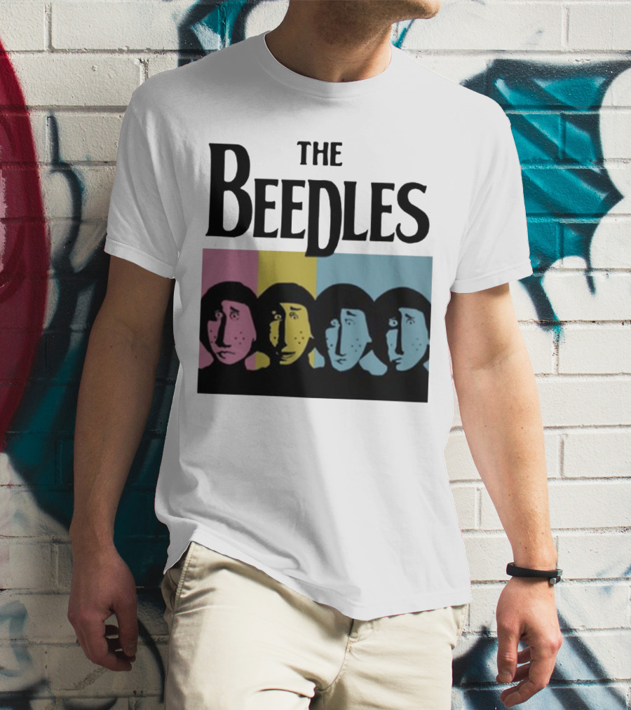 The Beedles Cartoon Pop Art Faces In Pink Yellow Blue T-Shirt