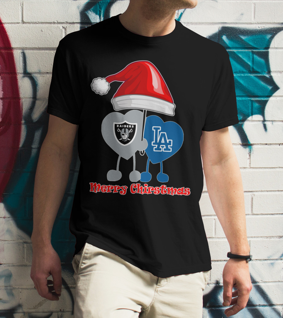 Merry Christmas Los Angeles Dodgers Oakland Raiders Santa Hat T-Shirt
