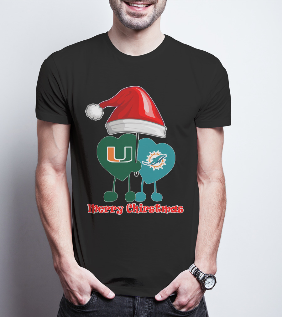 Merry Christmas Miami Dolphins Miami Hurricanes Santa Hat Hearts T-Shirt