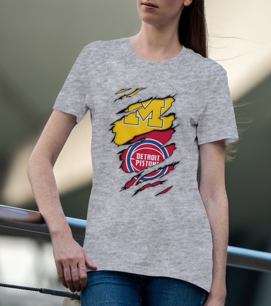 Detroit Pistons Michigan Wolverines Team Logo Mashup T-Shirt