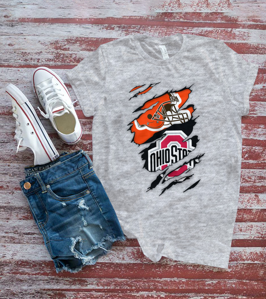Cleveland Browns Helmet And Ohio State Buckeyes Logo Ripped T-Shirt