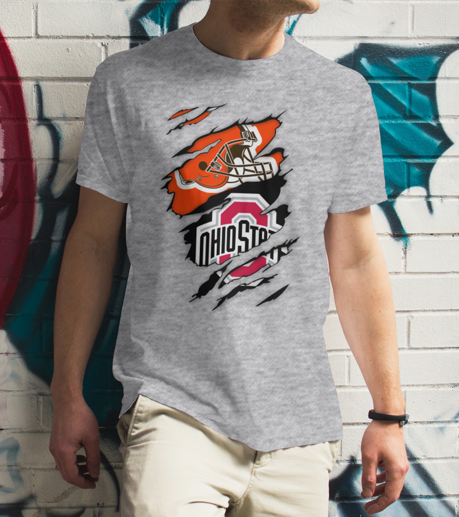 Cleveland Browns Helmet And Ohio State Buckeyes Logo Ripped T-Shirt