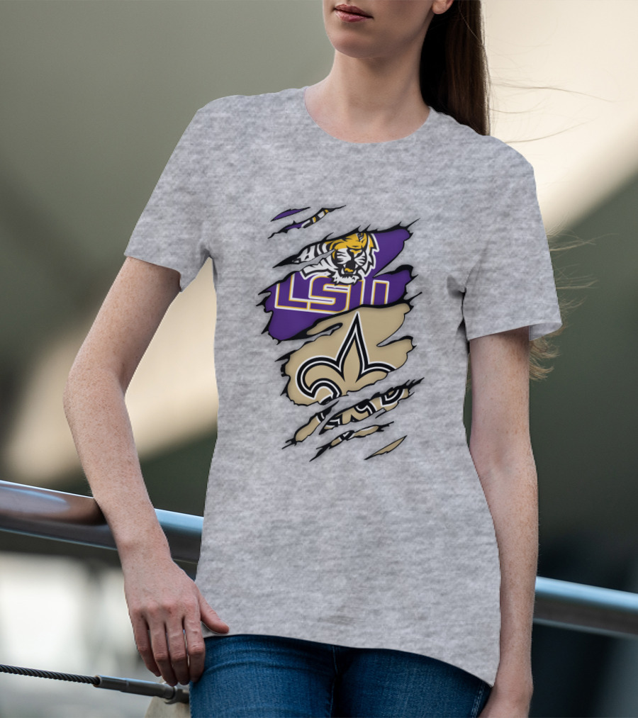 Lsu Tigers And New Orleans Saints Tearaway Tiger Fleur-De-Lis T-Shirt