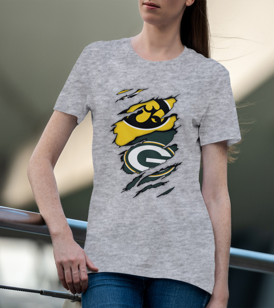 Green Bay Packers Iowa Hawkeyes Team Spirit Logo Fusion T-Shirt