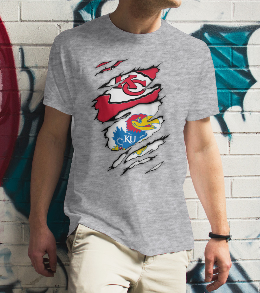 Kansas City Chiefs And Ku Jayhawks Logos Torn T-Shirt