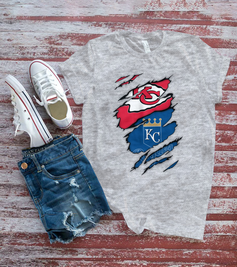 Kansas City Royals Kc And Kansas City Chiefs Arrowhead Red Blue Logo Fusion T-Shirt