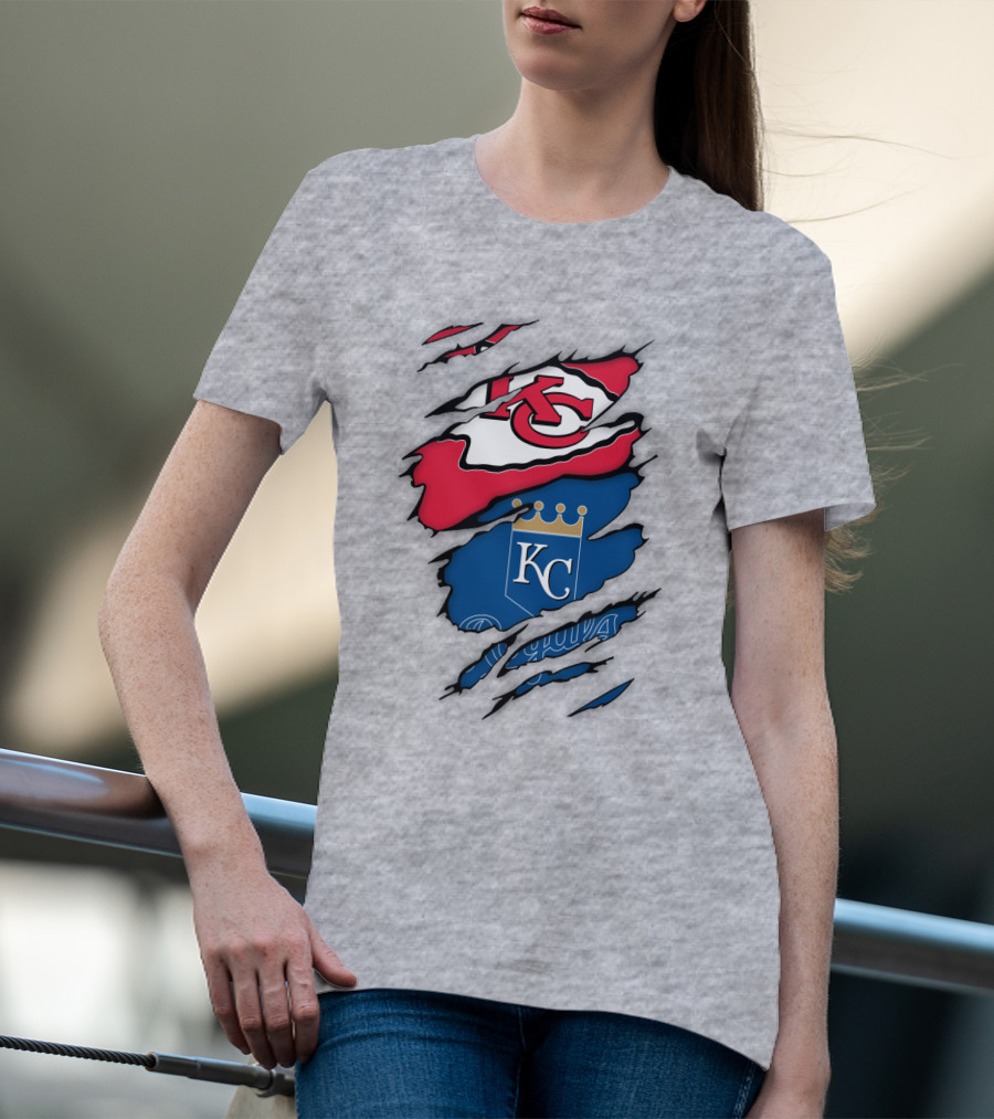 Kansas City Royals Kc And Kansas City Chiefs Arrowhead Red Blue Logo Fusion T-Shirt