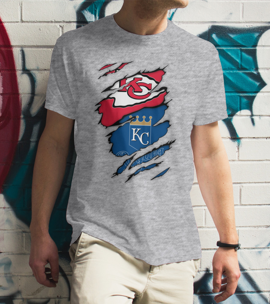 Kansas City Royals Kc And Kansas City Chiefs Arrowhead Red Blue Logo Fusion T-Shirt