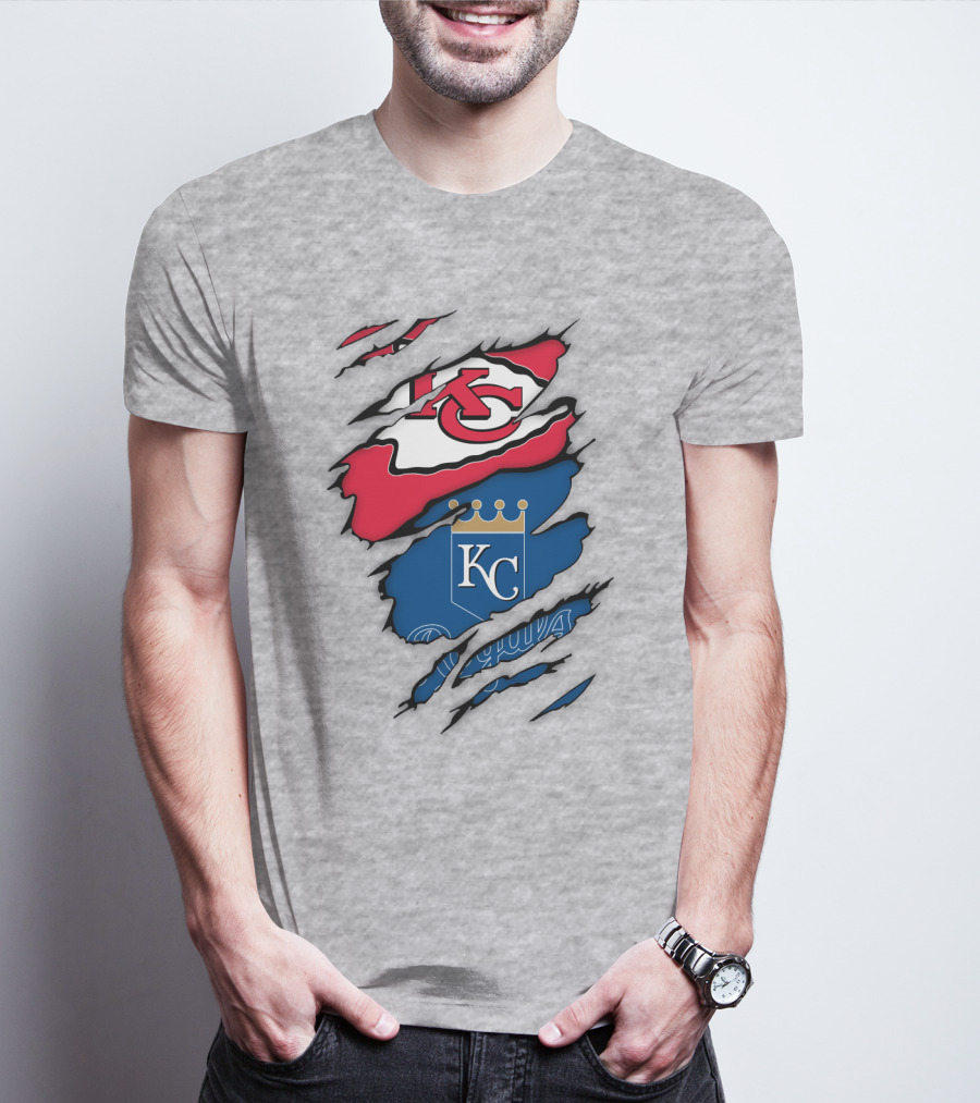 Kansas City Royals Kc And Kansas City Chiefs Arrowhead Red Blue Logo Fusion T-Shirt