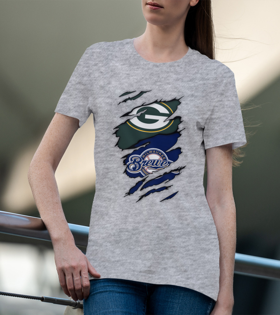 Milwaukee Brewers Green Bay Packers Logos Claw Marks T-Shirt