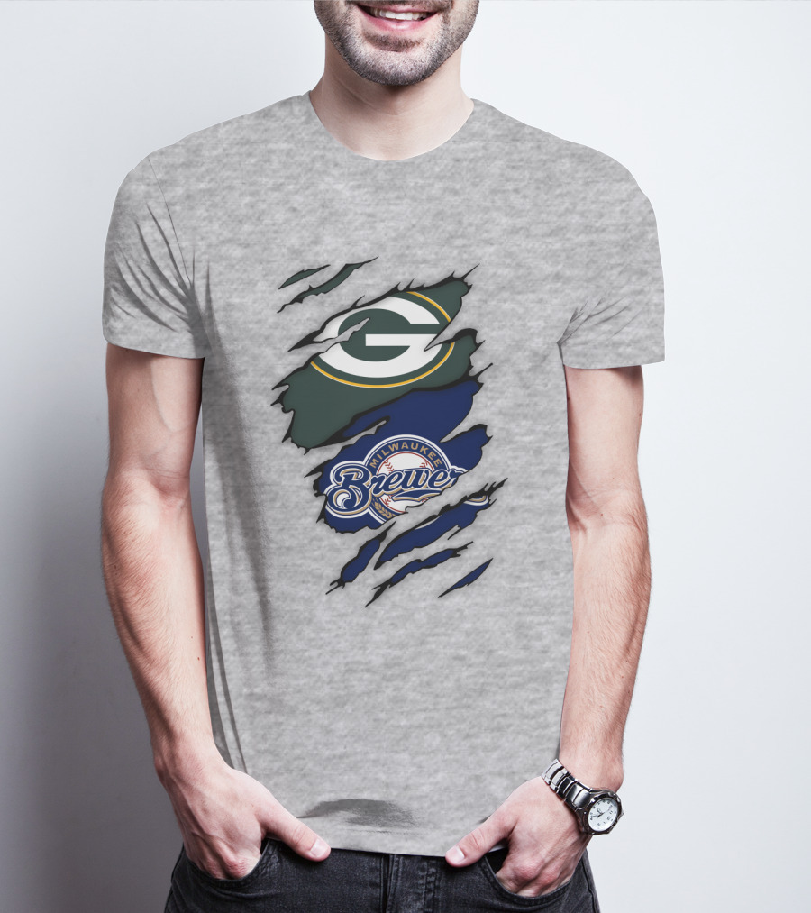 Milwaukee Brewers Green Bay Packers Logos Claw Marks T-Shirt