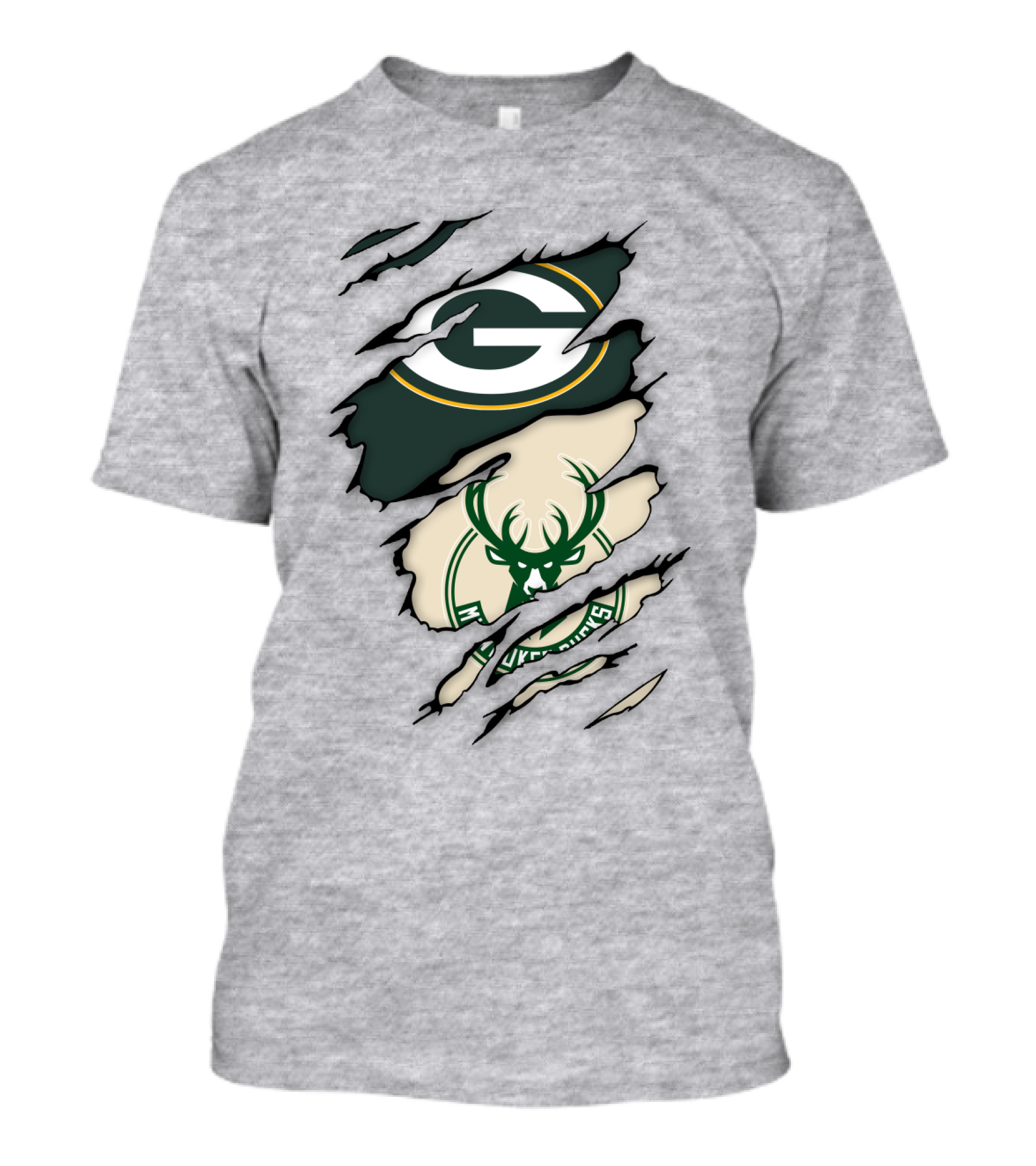 Green Bay Packers Milwaukee Bucks Ripped Reveal Logo Fusion T-Shirt